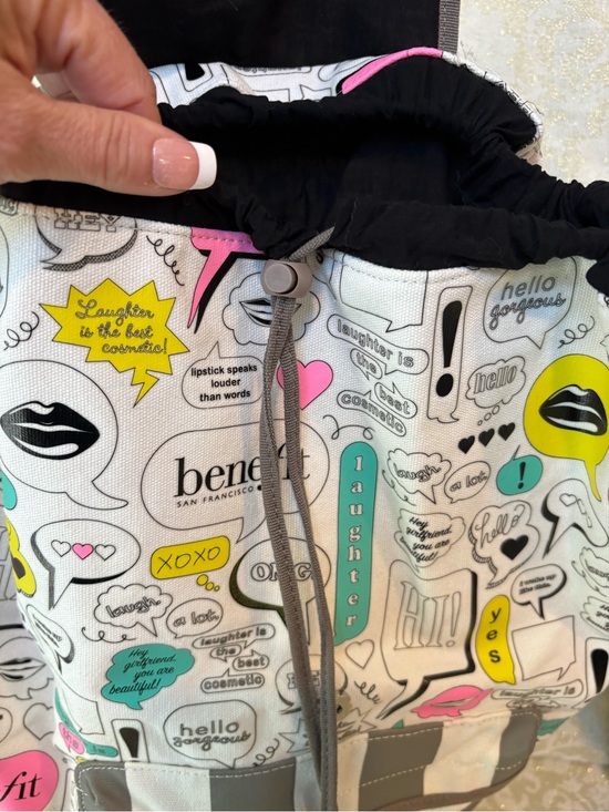 Benefit White Canvas Graphic Backpack with Pink, Teal & Yellow Accents main image 5